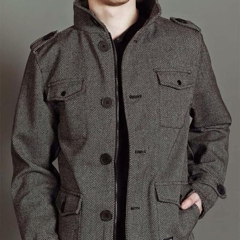 Men's Dark Gray Herringbone Cropped Coat 9261110657208