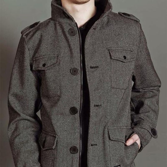 Men's Dark Gray Herringbone Cropped Coat 9261110657208