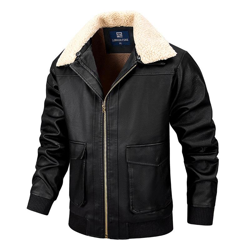 Men's Casual Plush Lapel Leather Jacket 9261098827960