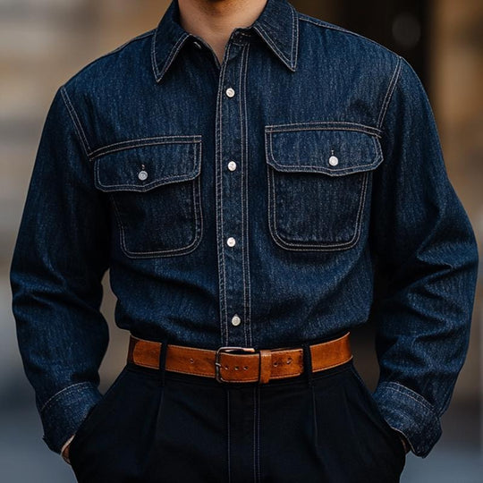 Men's Vintage Dark Blue Denim Long Sleeve Shirt 9885839425720