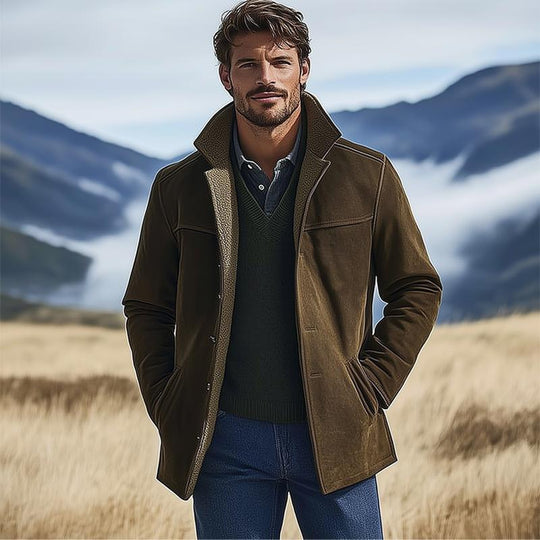 Men's Brown Suede Fur Lining Mid-length Coat 9261109608632