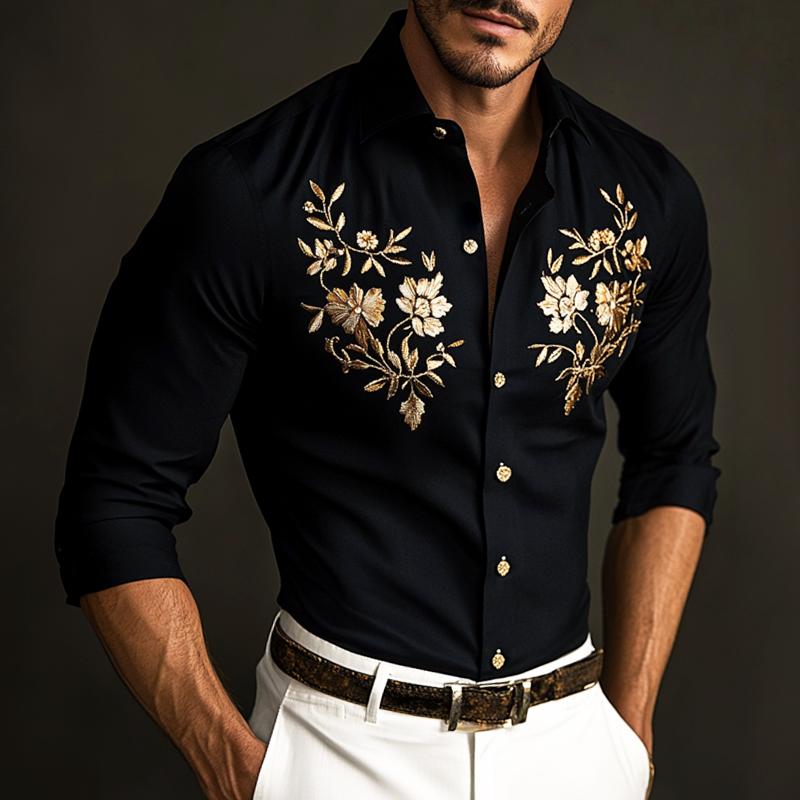Men's Retro Casual Embroidered Lapel Long Sleeve Shirt 9885838508216