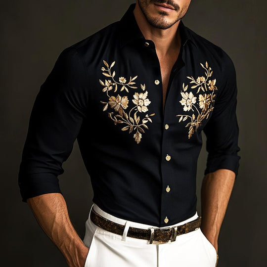 Men's Retro Casual Embroidered Lapel Long Sleeve Shirt 9885838508216