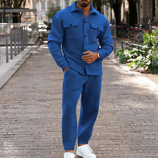 Men's Casual Suede Pocket Single Breasted Slim Fit Shirt Loose Sweatpants Set 9261812973752