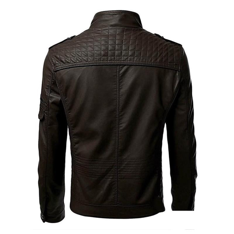 Men's Vintage Patchwork Stand Collar Zipper Leather Biker Jacket 9261083820216