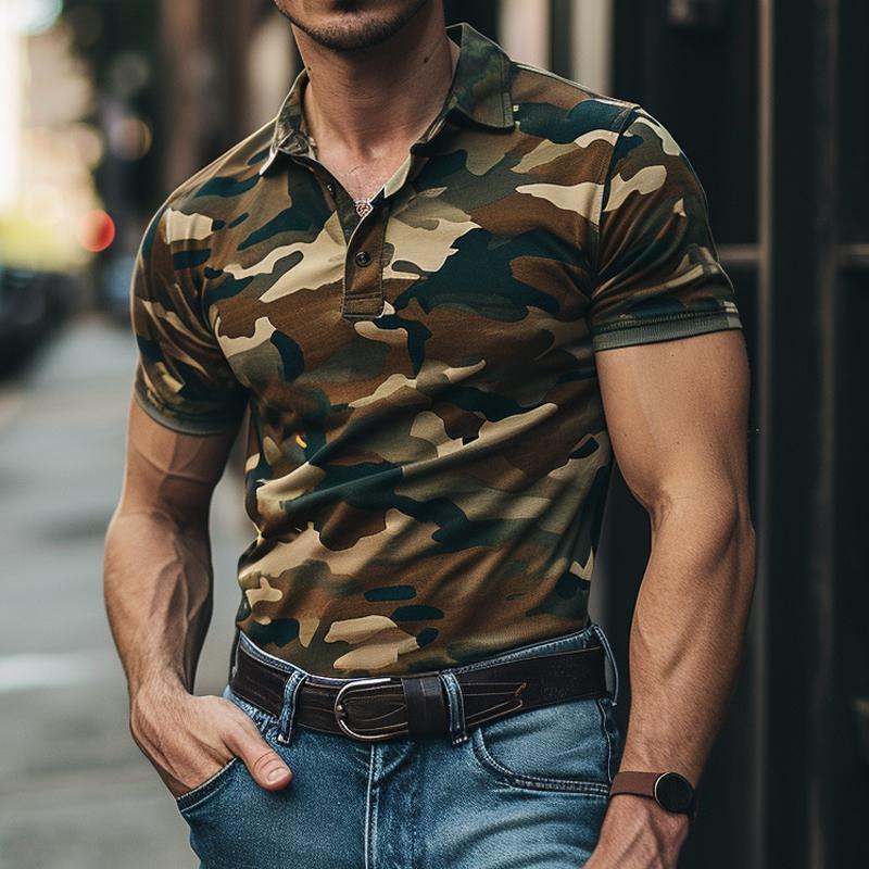 Men's Casual Camo Cotton Blend Lapel Short Sleeve Polo Shirt DTT25082014