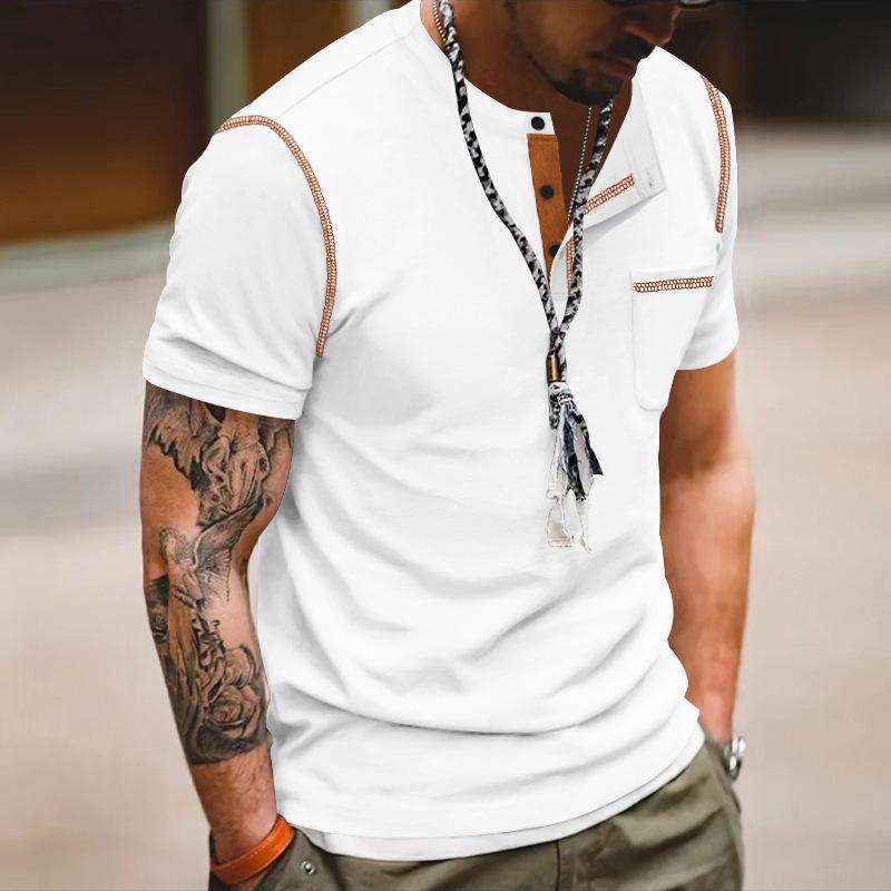 Men's Casual Colorblock Henley Collar Slim Fit Short Sleeve T-Shirt 9261138018488