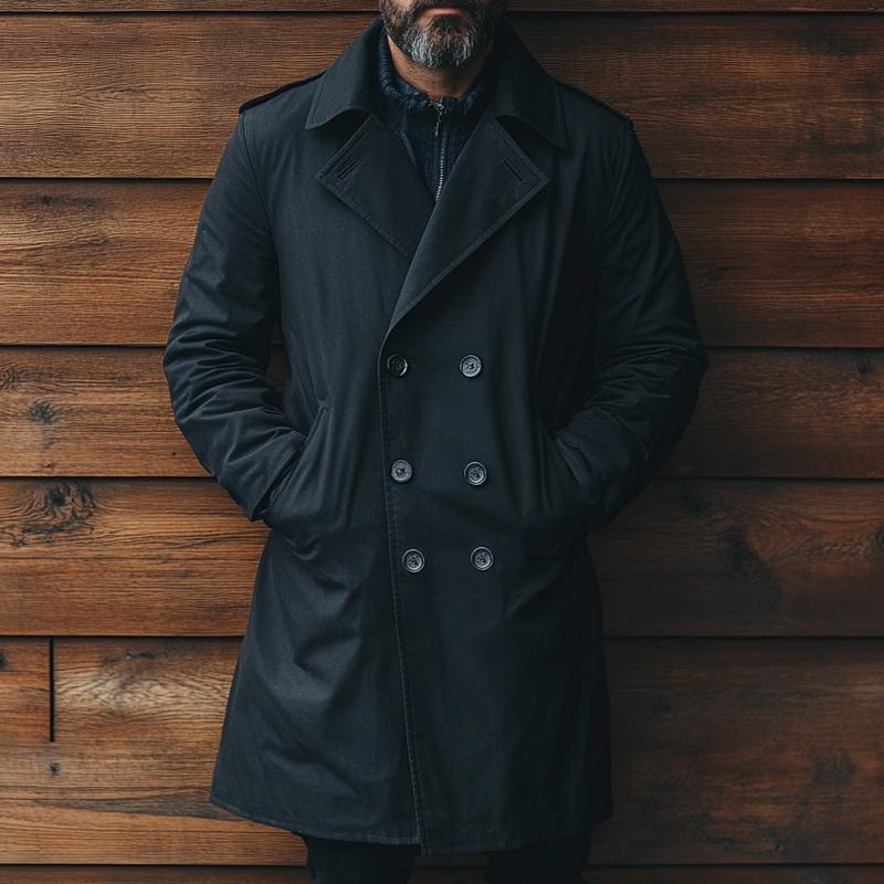 Men's Vintage Loose Black Double Breasted Trench Coat 9887383748792