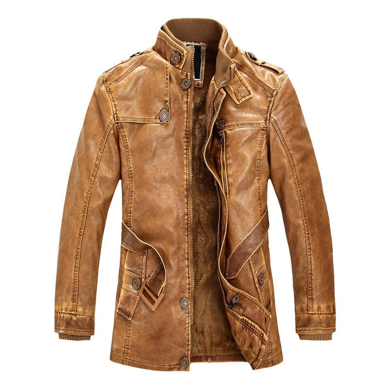 Men's Mid-length Stand Collar PU Leather Plus Fleece Coat 9266612830392