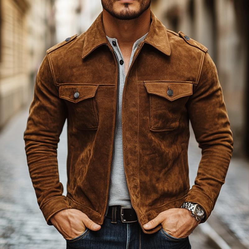 Men's Vintage Casual Suede Zip-Up Motorcycle Jacket 9879659282616