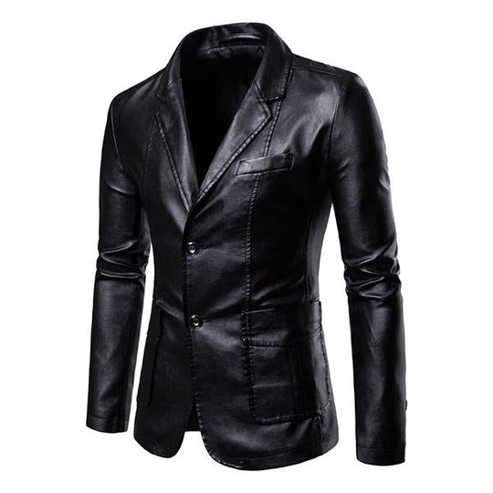 Men's Vintage Lapel Two Button Single Breasted Slim Fit PU Blazer DTT25082003