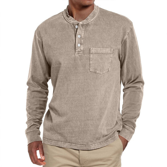 Men's Solid Henley Collar Chest Pocket Long Sleeve T-shirt 9261142278328