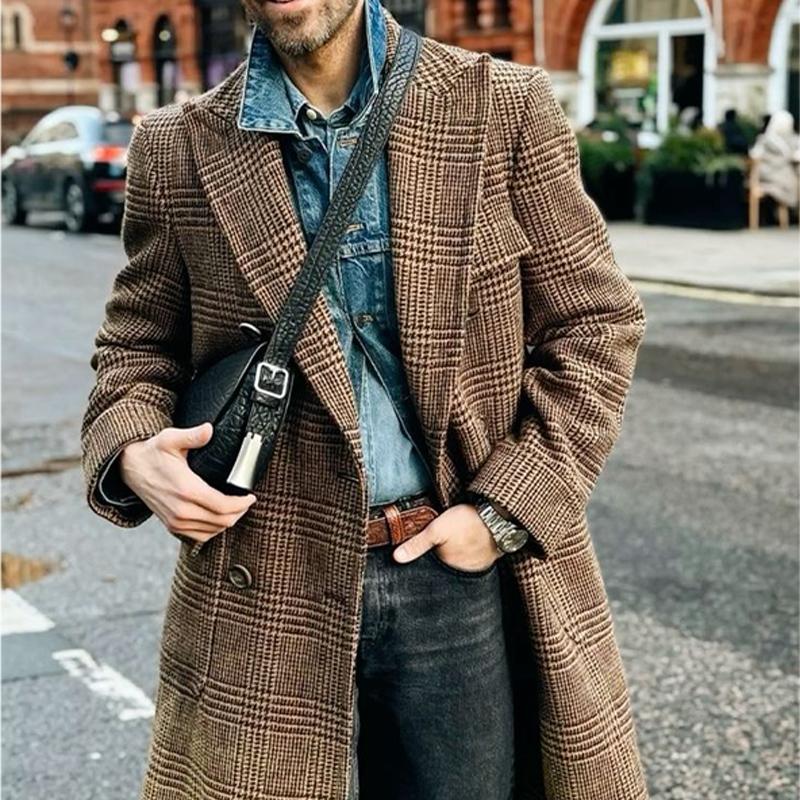 Men's Vintage Double Breasted Check Coat 9261106823352
