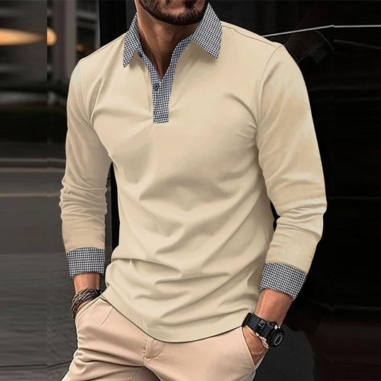 Men's Casual Plaid Patchwork Long-Sleeved Polo Shirt DTT25082009
