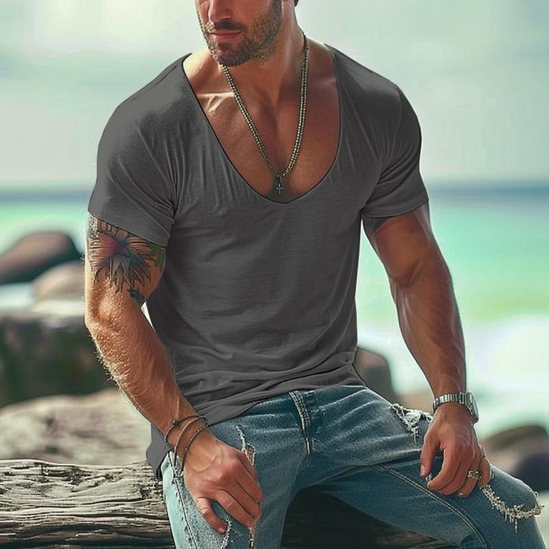 Men's Casual Cotton Blended U-neck Slim Fit Short-sleeved T-shirt 9261135134904