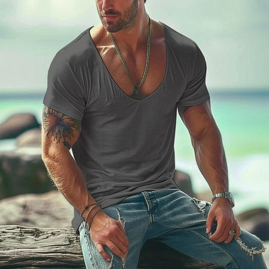 Men's Casual Cotton Blended U-neck Slim Fit Short-sleeved T-shirt 9261135134904