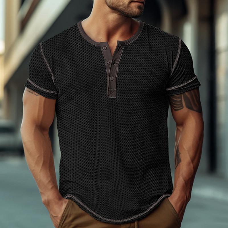 Men's Waffle Henley Collar Color Block Short Sleeves T-shirt 9261124223160