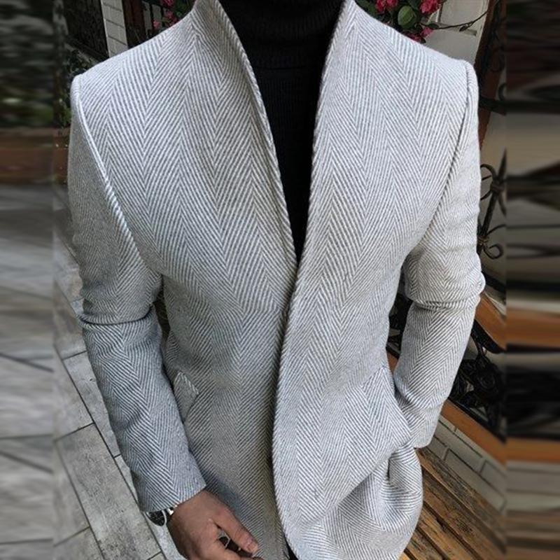Men's Retro Casual Herringbone Collarless Mid-Length Coat 9261107380408