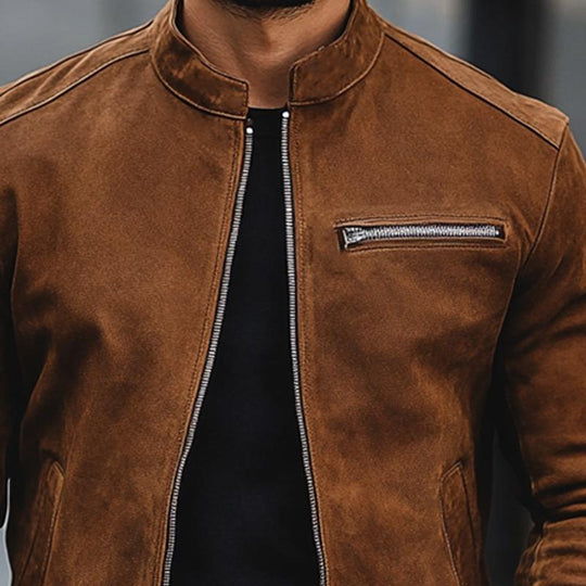 Men's Simple Stand Collar Suede Zip-Up Jacket 9887383978168