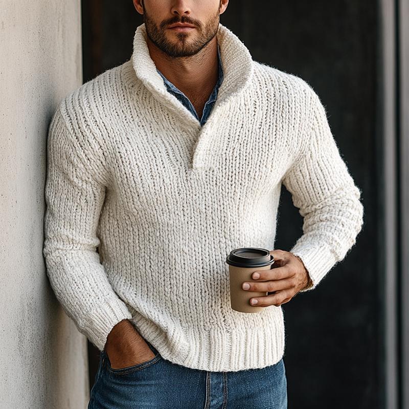 Men's Vintage White Stand Collar Knit Sweater 9885838115000
