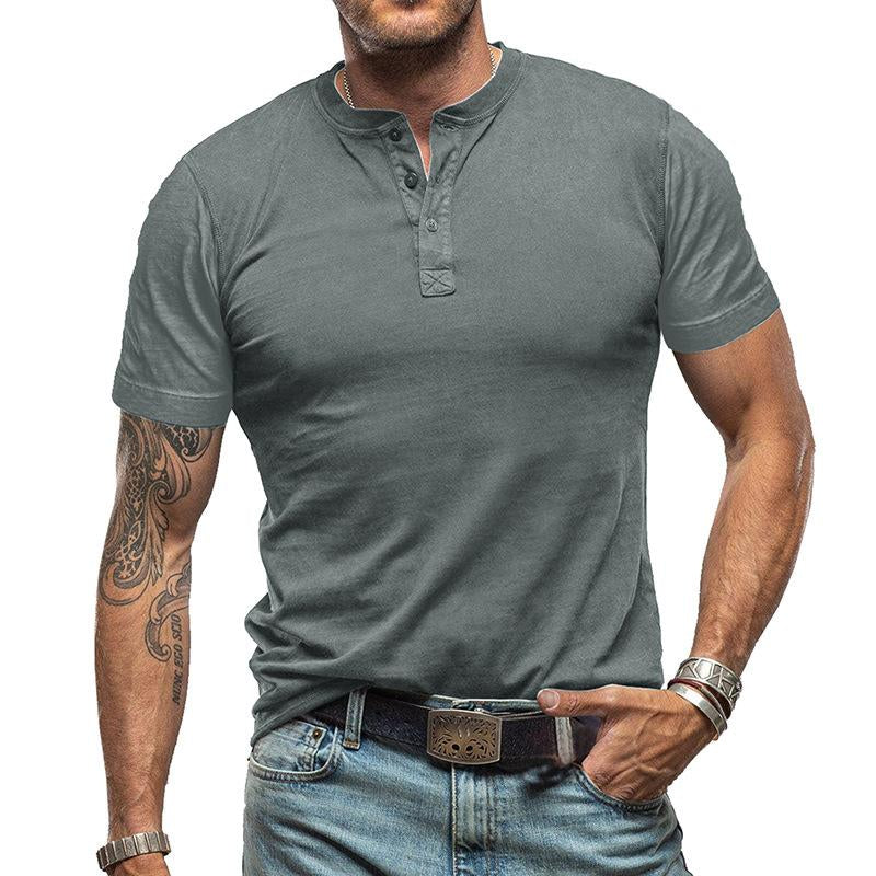 Men's Vintage Solid Color Short Sleeve Henley Neck T-Shirt 9261138870456