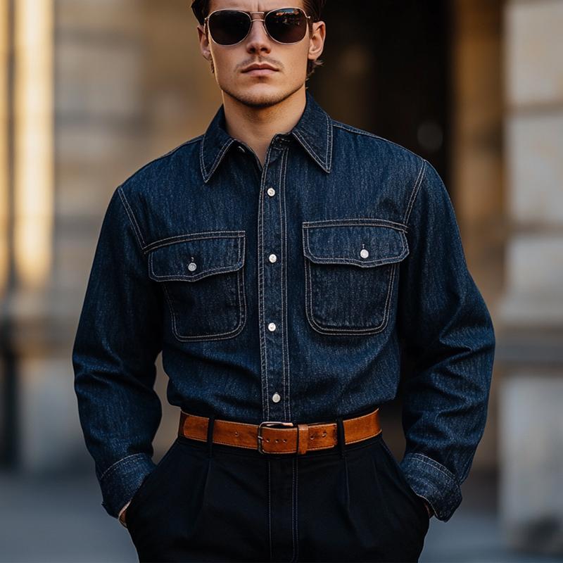 Men's Vintage Dark Blue Denim Long Sleeve Shirt 9885839425720
