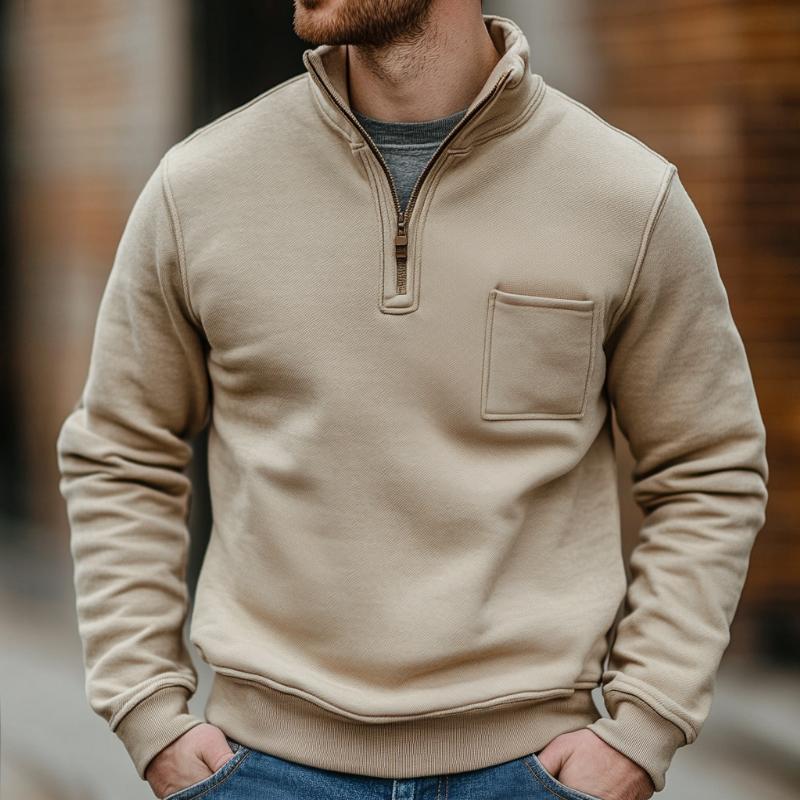 Men's Retro Casual Solid Color Zipper Chest Pocket Sweatshirt 9273156108472