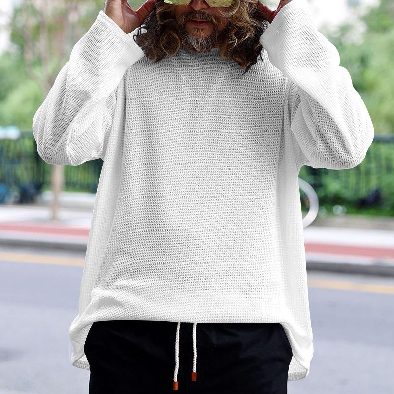 Men's Solid Color Knitted Waffle Loose Round Neck Long Sleeve T-Shirt 9261138215096
