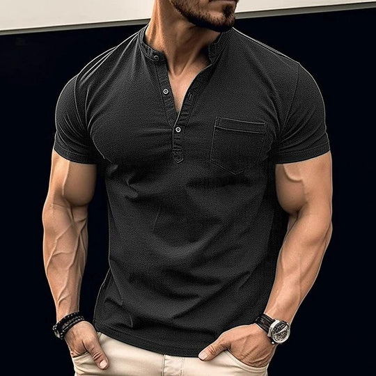 Men's Casual Solid Color Chest Pocket Stand Collar Short Sleeve Henley T-Shirt 9261124288696