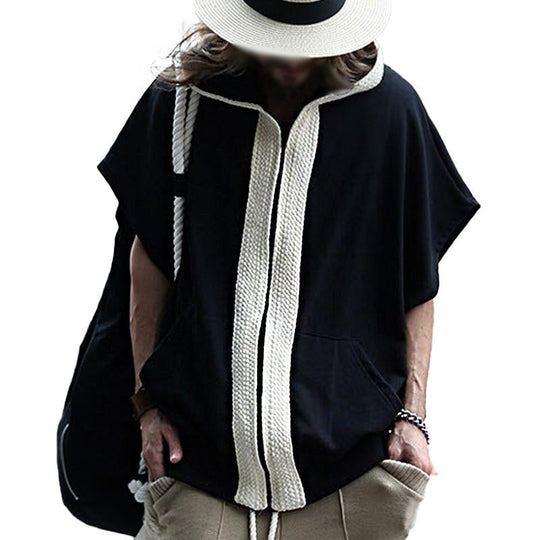 Men's Loose Color Block Hooded Short Sleeve Sweatshirt Jacket 9261079494840