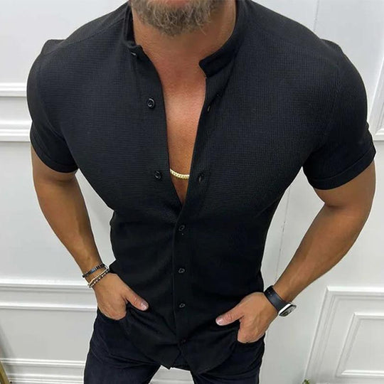 Men's Casual Solid Color Stand Collar Waffle Short Sleeve Shirt 9261780795576