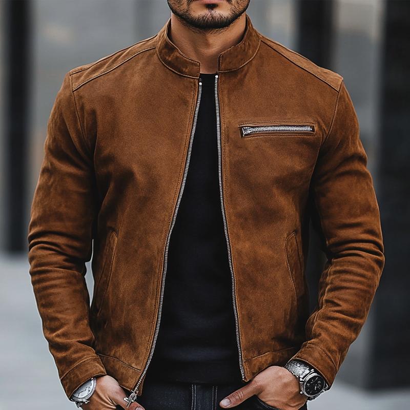 Men's Simple Stand Collar Suede Zip-Up Jacket 9887383978168