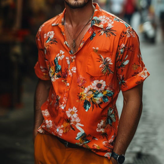 Men's Retro Casual Printed Pocket Lapel Short Sleeve Shirt 9884642246840
