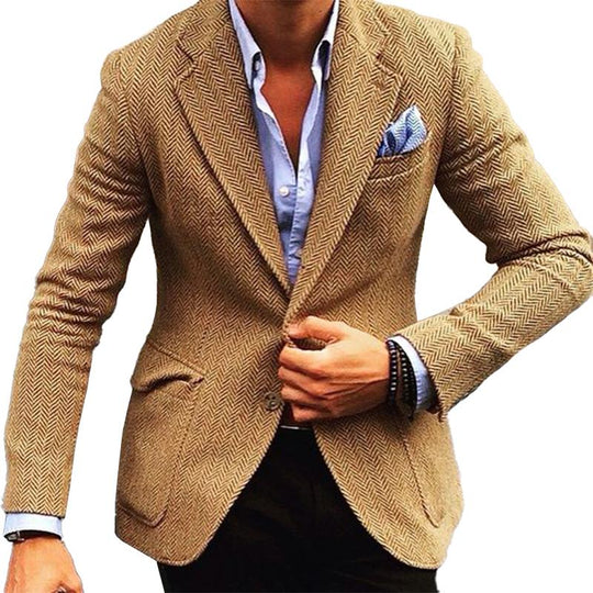 Men's Vintage Herringbone Wool Blend Lapel Single Breasted Blazer DTT25082005