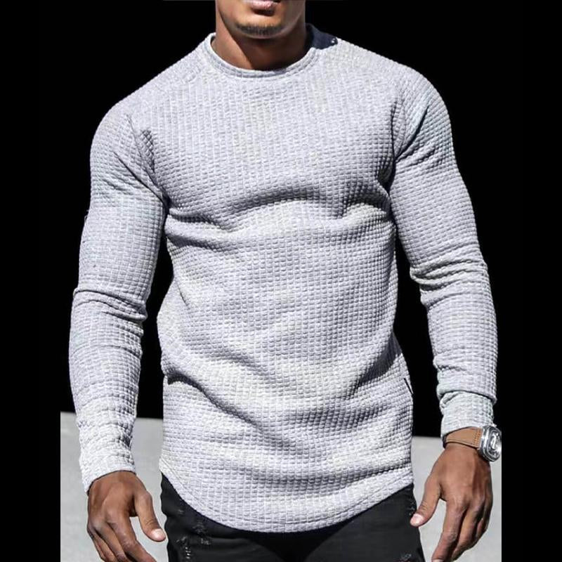 Men's Casual Solid Color Waffle Round Neck Long Sleeve T-Shirt 9261127368888