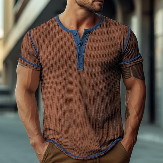 Men's Waffle Henley Collar Color Block Short Sleeves T-shirt 9261124223160