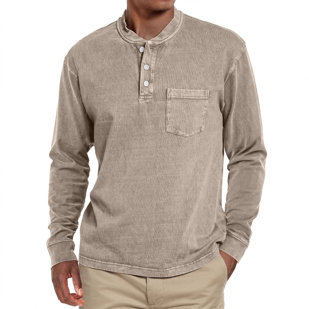 Men's Solid Henley Collar Chest Pocket Long Sleeve T-shirt 9261142278328