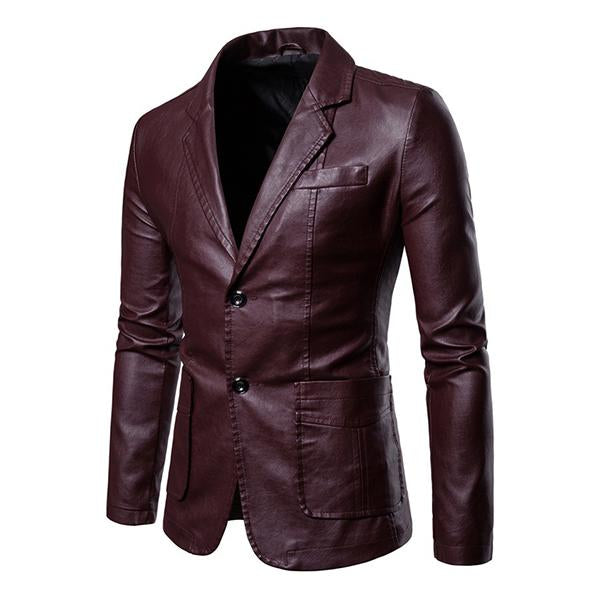 Men's Vintage Lapel Two Button Single Breasted Slim Fit PU Blazer DTT25082003