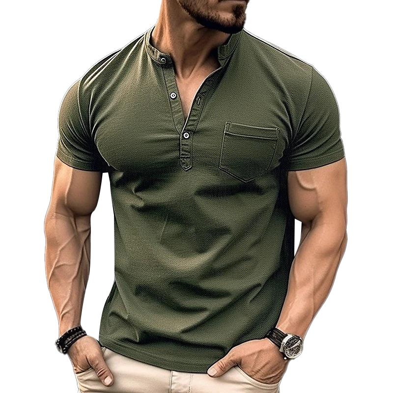 Men's Casual Solid Color Chest Pocket Stand Collar Short Sleeve Henley T-Shirt 9261124288696