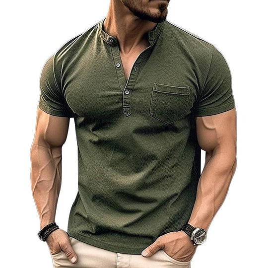 Men's Casual Solid Color Chest Pocket Stand Collar Short Sleeve Henley T-Shirt 9261124288696