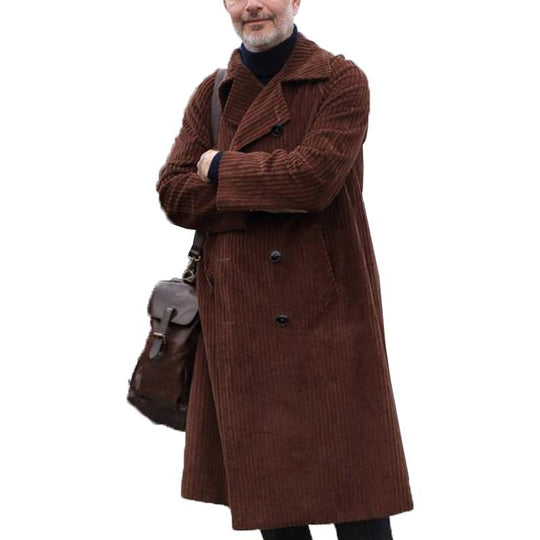 Men's Classic Retro Casual Double-breasted Knee-length Corduroy Coat 9261109084344