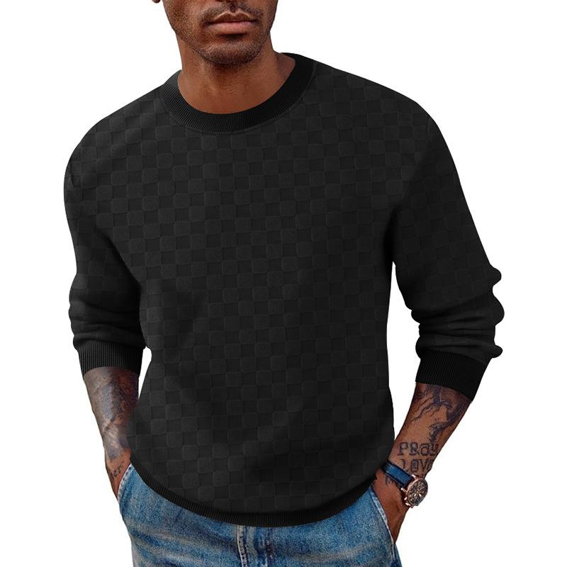 Men's Solid Color Checkerboard Pattern Round Neck Long Sleeve T-Shirt 9261139165368