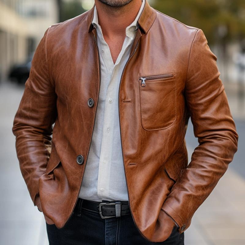 Men's Orange Two Button Leather Jacket 9266613256376