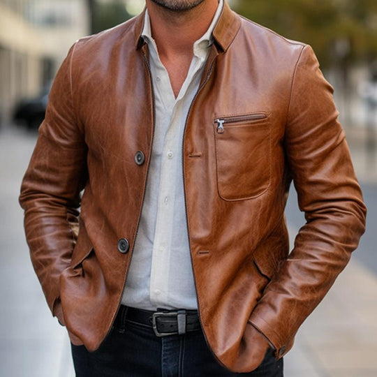 Men's Orange Two Button Leather Jacket 9266613256376
