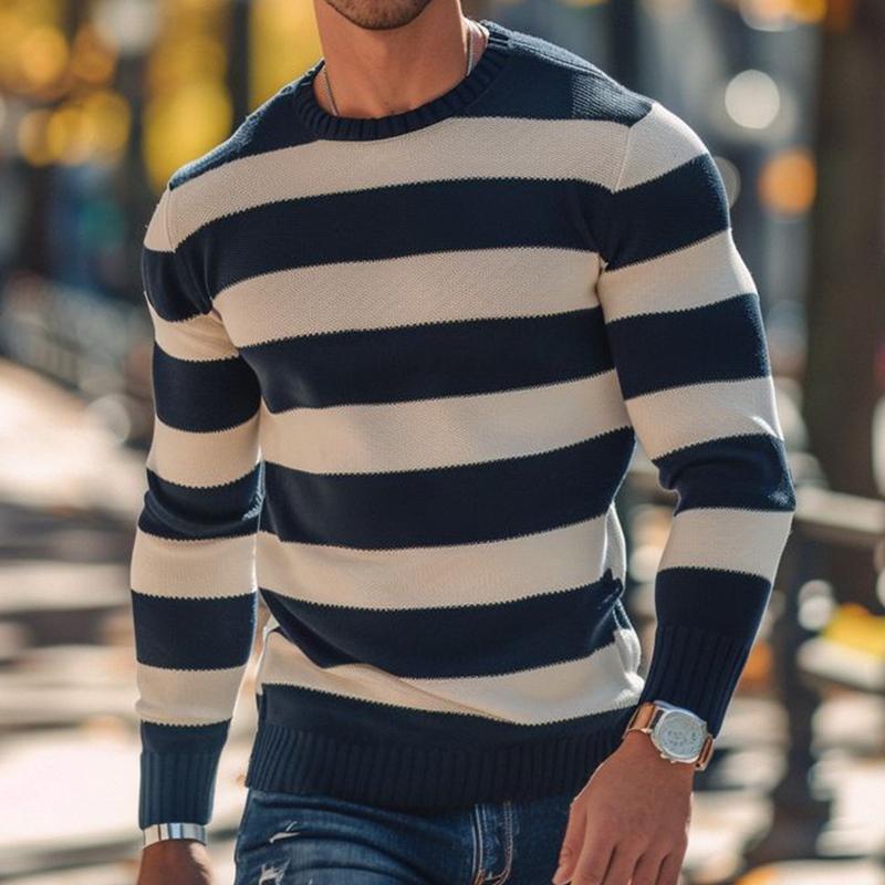 Men's Retro Casual Colorblock Striped Crew Neck Sweater 9262184923320