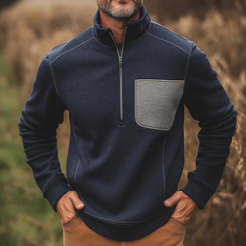 Men's Retro Casual Colorblock Chest Pocket Zipper Sweatshirt 9873134354616