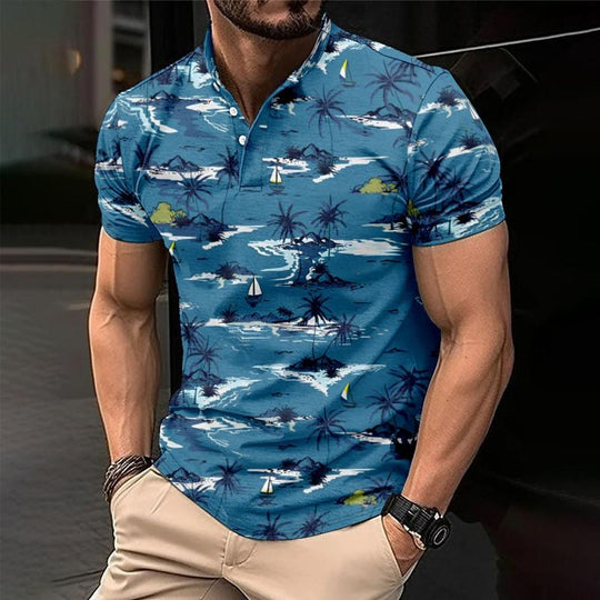 Men's Palm Hawaiian Print Button Down Short Sleeve T-Shirt 9261137068216