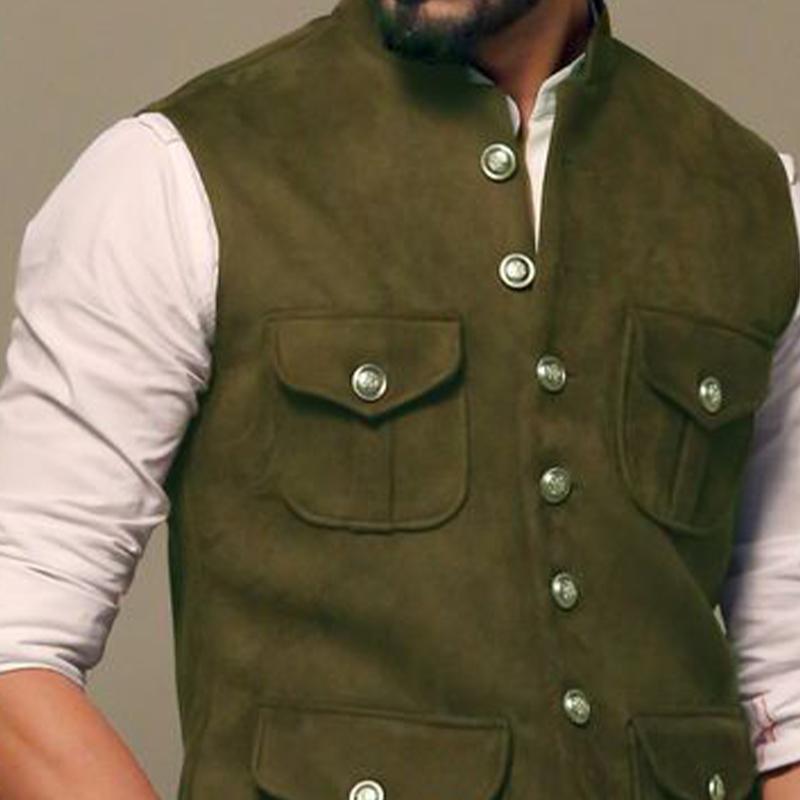 Men's Army Green Suede Stand Collar Vest 9877926019256