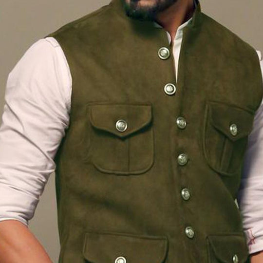Men's Army Green Suede Stand Collar Vest 9877926019256