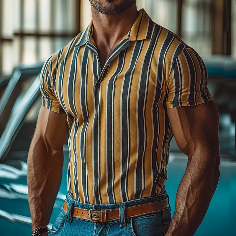 Men's Retro Casual Striped Print Short-sleeved Polo Shirt 9884643066040